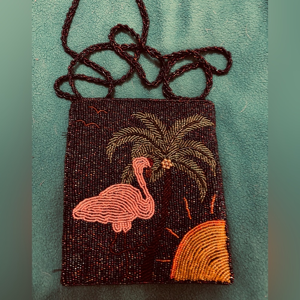ERMO Beaded Crossbody Bag Flamingo and Palm Tree - Vintage